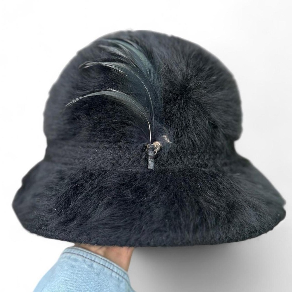 Vintage Kangol Fuzzy Cloche Hat Feather Black Small